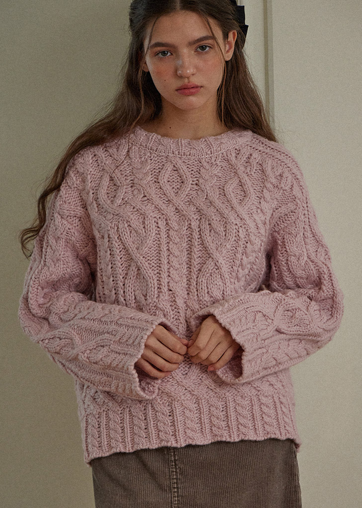 WOOL MULTI CABLE ROUND KNITWEAR_3COLORS_PINK