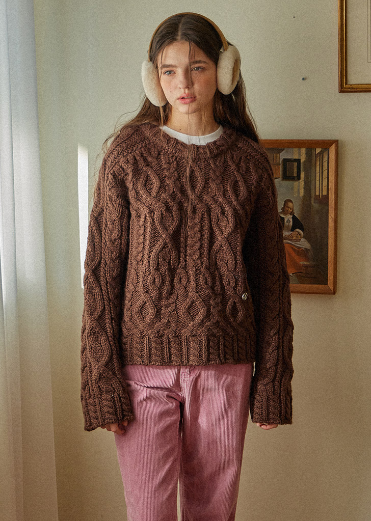 WOOL MULTI CABLE ROUND KNITWEAR_3COLORS_BROWN